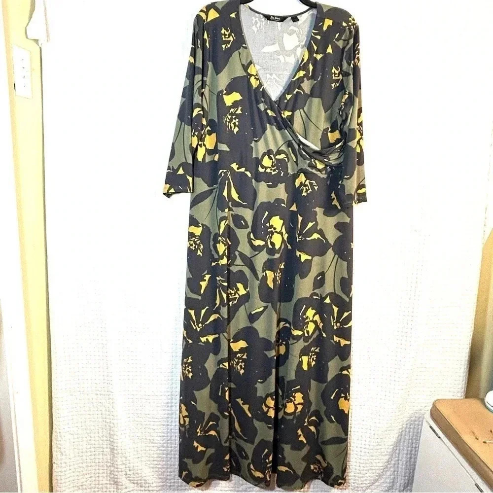 Du Jour Dress Size XLP PETITE Faux Wrap Jersey Knit Maxi Green Camo Floral Print